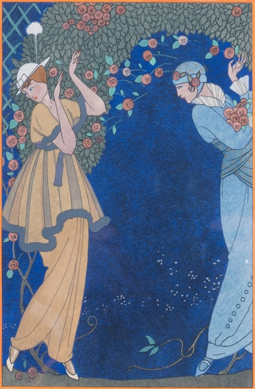 George BARBIER (1882 - 1932) French: Roses dans la nuit, 1914, Plate VIII from "Modes et Manières d'Aujourd'hui", original hand-painted pochoir (stencil) print, 9 1/4 x 6 1/2 inches, signed in black ink in plate, lower right. George