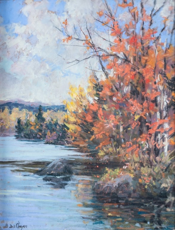 Berthe DES CLAYES (1877 - 1968) A.R.C.A.: Untitled, autumn at the lake, pastel and gouache on paper, 9 5/8 x 7 1/2 inches, signed lower left. Berthe Des Clayes was born in Aberdeen. She lived in England from 1906-1912; and immigrated to Montr