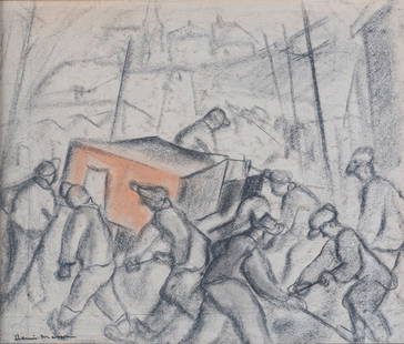Henri L. MASSON (1907-1996) OSA CGP CSGA CSPWC: Untitled, men at work, charcoal and pastel on paper, 13 1/8 x 17 inches at sight, signed lower left. Henri Masson was born in Belgium, he studied art in Brussels. He came to Canada (Ottawa) with his m