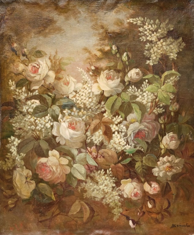 LARGE OIL ON CANVAS, PINK ROSES (1 of 4)