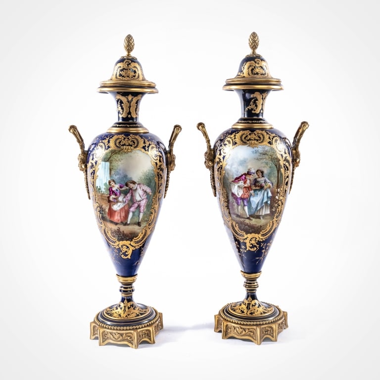 GOOD PAIR OF ORMOLU SEVRES STYLE URNS (1 of 19)