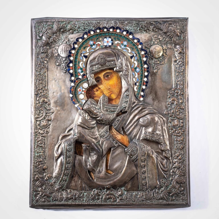 RUSSIAN SCHOOL ORTHODOX ICON: Madonna & Child, with enameled detailing and metal oklad, 19th century, 12 3/4 x 10 1/2 inches.