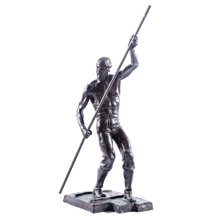 BRONZE SCULPTURE OF A RAFTSMAN: A figural bronze of a rafts man balancing on his raft using his pole, stamped 21 / 25 and Studio West galleries, Cochrane, Alberta to the back of the raft, initialed SG beside his right foot, 18 inche
