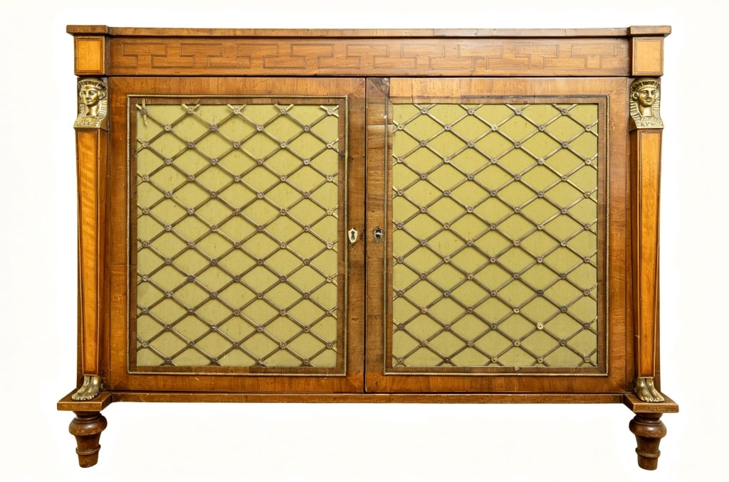 ELEGANT GEORGE III REGENCY PERIOD CABINET: A fine George III Regency period Egyptian Revival mahogany side cabinet, the reverse breakfront top with inlaid satinwood and black wood Greek Key pattern over twin brass lattice doors, flanked by tap