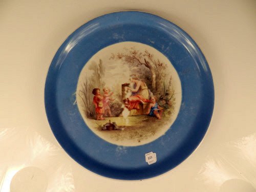 Continental Blue Charger: Hand painted light blue plateau, school lesson, 16 inches diameter, condition noted on paint