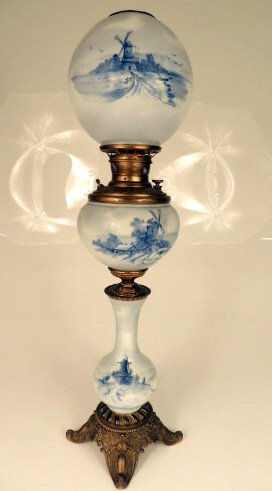 Lighting Victorian Oil Lamp: Oil banquet lamp now electric, each globe is hand painted with a Dutch landscape, 30.5 inches tall