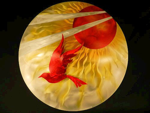Art - wall art by Wilmos Kovacs (b. Hungary, Canada): Contemporary abstract wall art; metal / fine aluminium, "Sunshine Bird of Paradise"; signed by the artist on bottom, 30 inches diameter, depth is approximately 1 5/8 inches