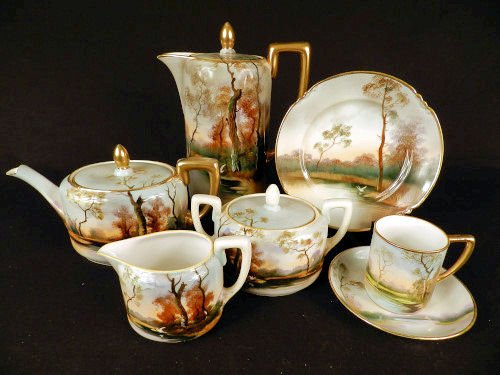 Hand painted Nippon: Lot of 17 pieces of hand painted Nippon, includes coffee pot & teapot, condition to sugar lid