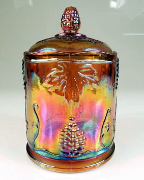 Carnival glass: Covered candy jar "Marigold" pattern