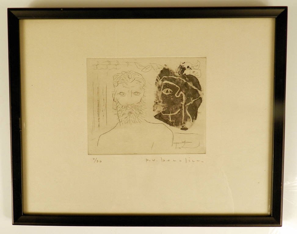 Paul Vanier BEAULIEU (1910-1996, Canadian): "Dark face", etching, signed and numbered 6 / 30 in pencil, 4 3/4 x 6 inches