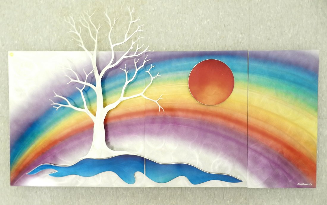 Alex KOVACS: Relief three and rainbow, three panels of fine aluminium abstract wall art, signed, 25 x 54 inches