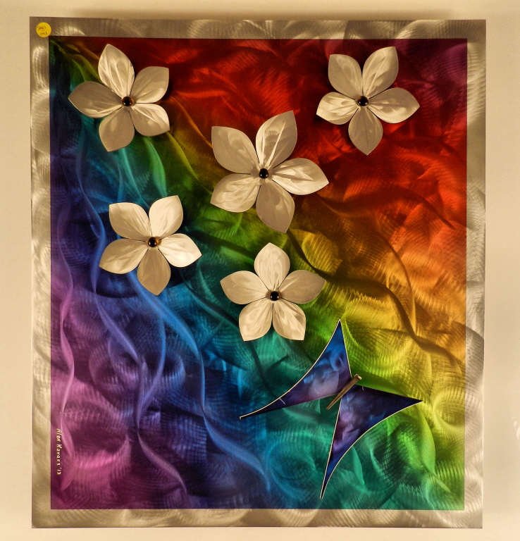 Alex KOVACS: Rainbow, flowers and butterfly, enameled fine aluminium abstract wall art, signature etched in aluminium, 24 x 27 inches