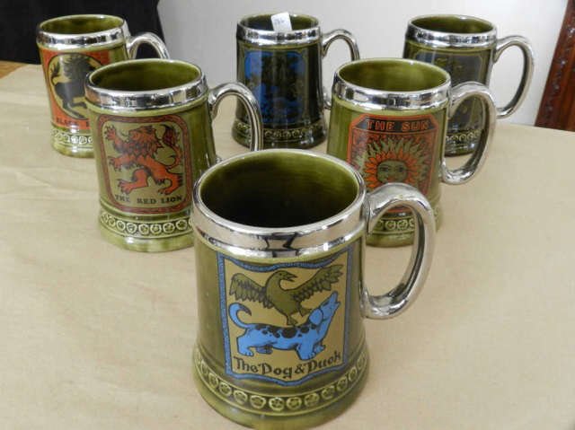 Lord Nelson Ware England: Six mugs with silver rim depicting English pubs, very good condition, chip to base on Black Horse