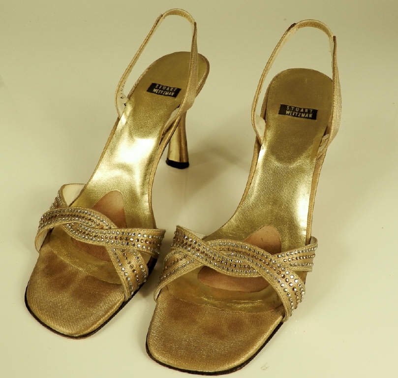 STUART WEITZMAN: Pair of creamy-gold high heel sandals with rhinestones, size 8
