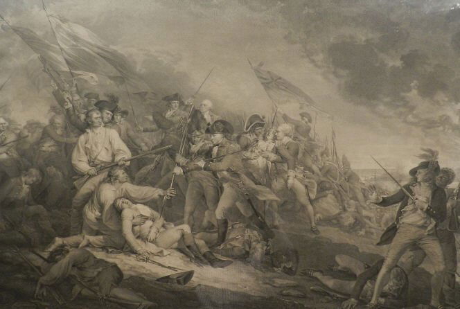 Art - After John TRUMBALL (1756-1843, American): Engraving with lettering, "The Battle at Bunker's Hill, Near Boston, June 1775", published by de Poggi / Gravure avec lettrage, "The Battle at Bunker's Hill, Near Boston, June 1775", publié par de Po