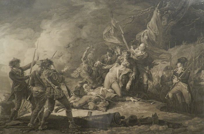 Art - After John TRUMBALL (1756-1843, American): Engraving with lettering, "The Death of General Montgomery, In the Attack of Quebec, December 1775", published by de Poggi / Gravure avec lettrage, "The Death of General Montgomery, In the Attack of Q