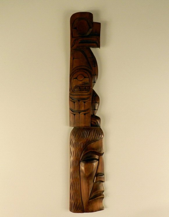 First Nations - Jim YELTON (b. 1955, B.C. Canada): Carved Cedar pole entitled "Bald Eagle, Wild-man, Chief-mask, Salish", 24 1/2 inches long