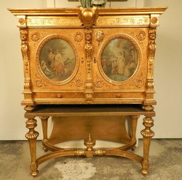 Austrian antique safe box: A very unusual Austrian safe, the iron body contained in a Louis XVI style gilt cabinet, profusively decorated with scenes after "Wheatley's cries of London", with original key