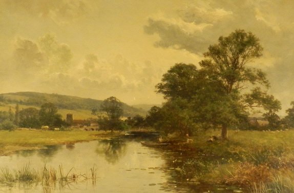 Art - David BATES (1840-1921, British): Picnic by a riverbank, oil on canvas, signed and dated 1894, 16 x 24 inches