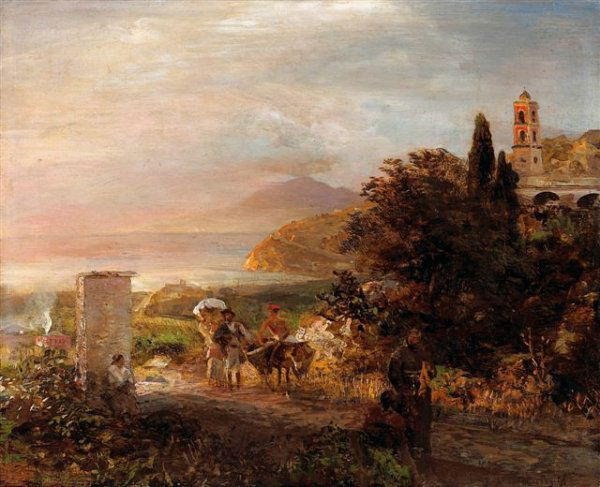 Oswald ACHENBACH (1827-1905), German The Amalfi Coa: Oswald ACHENBACH (1827-1905), German The Amalfi Coast Oil on panel, signed and dated 1896 on bottom right. 37,5 x 46 cm - 143/4 x 18 in. Oswald ACHENBACH (1827-1905), École allemande La côte amalfit