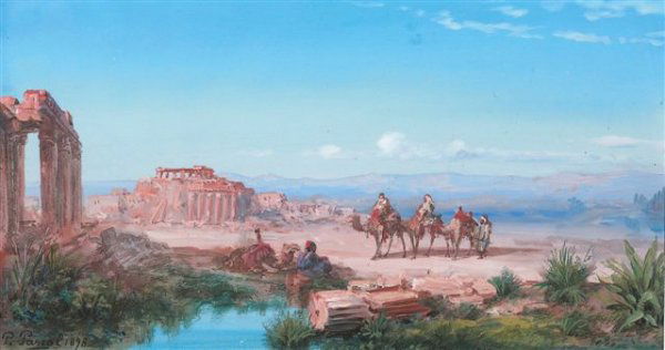 Paul PASCAL (1832-1903) The Caravan Gouache and Wat: Paul PASCAL (1832-1903) The Caravan Gouache and Watercolor, signed and dated 1898 on bottom left. 23 x 43 cm à vue - 9 x 17 in. Paul PASCAL (1832-1903) La caravane Gouache aquarellée, signée et dat