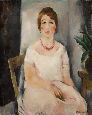 Vera ROCKLINE (1896-1934) Russian Young Woman with: Vera ROCKLINE (1896-1934) École russe Jeune femme au collier rouge Huile sur toile, signée en bas à droite. 100 x 80,5 cm - 393/8 x 313/4 in. Young Woman with a Red Necklace Oil on canvas, signed o