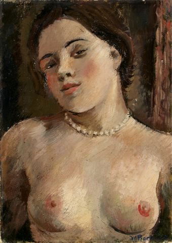Vera ROCKLINE (1896-1934) Russian Nude with a Pear: Vera ROCKLINE (1896-1934) École russe Nu au collier de perles Huile sur toile, signée en bas à droite. 46 x 33 cm - 18 x 13 in. Nude with a Pearl Necklace Oil on canvas, signed on bottom right. Exp