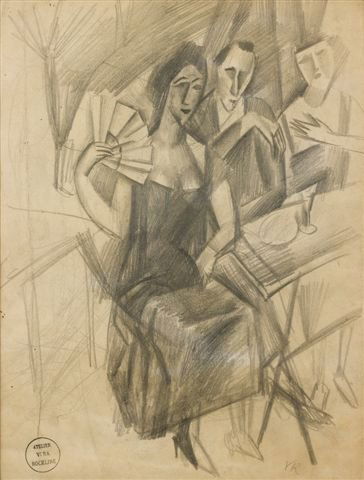 Vera ROCKLINE (1896-1934) Russian At the Café, cir: Vera ROCKLINE (1896-1934) École russe Au café, vers 1919 Fusain, monogrammé en bas à droite, porte le cachet de l'atelier en bas à gauche. 34 x 26 cm - 133/8 x 101/4 in. At the Café, circa 1919