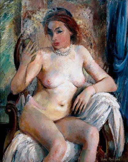 Véra ROCKLINE (1896-1934), école russe. Nu: Huile sur toile, signée en bas à droite. 100 x 81 cm - 391/2 x 32 in. Nude. Oil on canvas, signed lower right. Expositions : Rétrospective Véra Rockline à la Galerie Drouart en 1984. Retrospectiv
