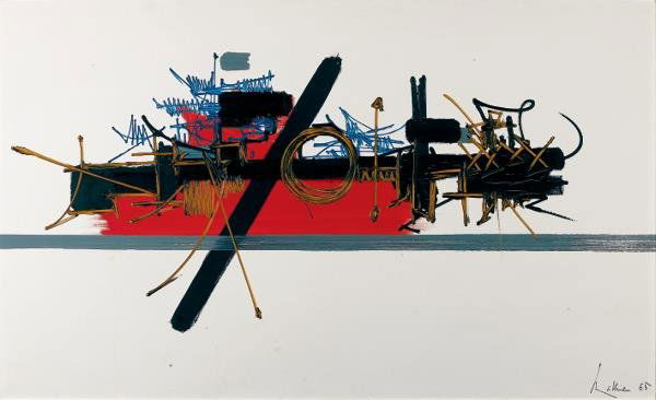 Georges MATHIEU (né en 1921). Ymer, 1965: Huile sur toile, signée, datée 65 en bas à droite et ditrée Ymer au dos. 88 x 146 cm - 34 5/8 x 57 1/2 in. Ymer, 1965. Oil on canvas, signed, dated 65 lower right and titled Ymer on reverse