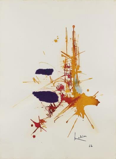 Georges MATHIEU (né en 1921). Composition, 1964: Aquarelle sur papier, signée et datée en bas à droite et titrée au dos. 75 x 56 cm - 29 1/2 x 22 in. Composition, 1964. Watercolor on paper, signed and dated lower right and titled on reverse. Exp