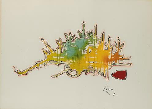 Georges MATHIEU (né en 1921). Philomène, 1971: Aquarelle et collage sur papier, signé et daté en bas à droite. 54,5 x 76,5 cm - 21 1/2 x 30 1/8 in. Philomène, 1971. Watercolor and collage on paper, signed lower right.