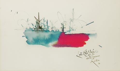 Georges MATHIEU (né en 1921). Composition, 1975: Aquarelle sur papier, signée, datée et dédicacée en bas à droite. 33 x 56 cm - 13 x 22 in. Composition, 1975. Watercolor on paper, signed, dated and dedicated on bottom left.