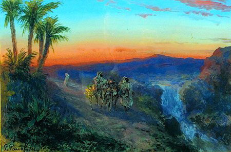 Paul PASCAL (1832-1903) Caravane au coucher de sole: Paul PASCAL (1832-1903) Caravane au coucher de soleil Gouache sur papier, signée et datée 1901 en bas à gauche 29,5 x 44 cm à vue - 11 1/2 x 17 1/4 in. Caravan at sunset, signed and dated 1901 low