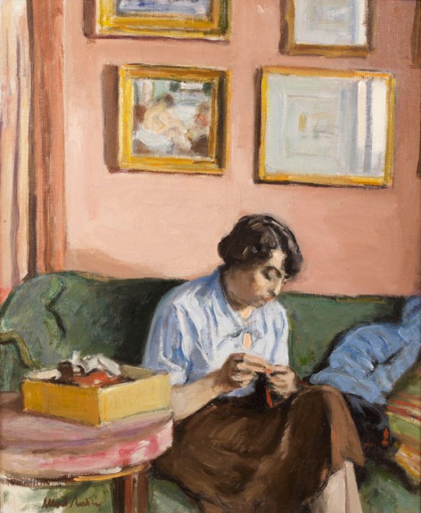 Albert ANDRE (1869-1954) * Femme cousant, Huile sur: Albert ANDRE (1869-1954) * Femme cousant, Huile sur toile, signée en bas à gauche 61 x 50 cm - 262/3 x 192/3 in. Woman Sewing, Oil on canvas, signed lower left