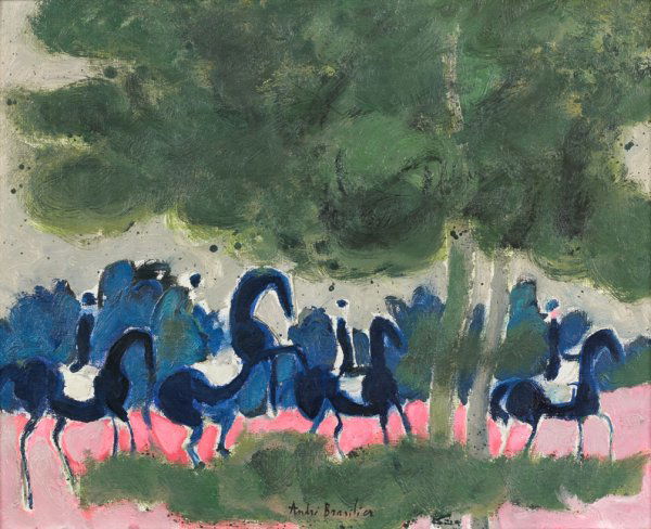 André BRASILIER (né en 1929) Les chevaux bleus, Hui: André BRASILIER (né en 1929) Les chevaux bleus, Huile sur toile, signée en bas au milieu 33 x 41 cm - 13 x 161/4 in. The Blue Horses, Oil on canvas, signed lower middle