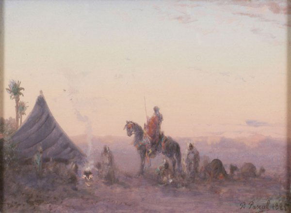 Paul PASCAL (1832-1903) Campement arabe, effet du: Paul PASCAL (1832-1903) Campement arabe, effet du soir, Gouache, signée et datée 1885 en bas à droite, 10,5 x 13,5 cm – 4 1/8 x 5 3/8 in. Arab Encampment at Evening, Gouache, signed and dated 188