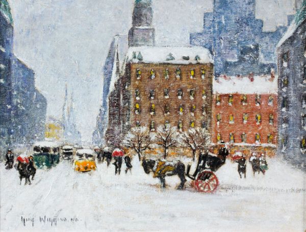 Guy Carleton WIGGINS (1883-1962) Sous la neige: Guy Carleton WIGGINS (1883-1962), école américaine Sous la neige Huile sur toile marouflée sur carton, signée en bas à gauche 30 x 40 cm – 11 7/8 x 15 ¾ in. Oil on canvas mounted on cardboard,