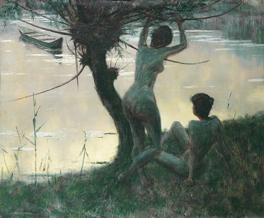 Alexander HARRISON (1853-1930) École américaine L: Alexander HARRISON (1853-1930) École américaine Les baigneuses au bord du lac Huile sur toile, signée en bas à gauche 100 x 122 cm - 391/3 x 48 in. Oil on canvas, signed lower left