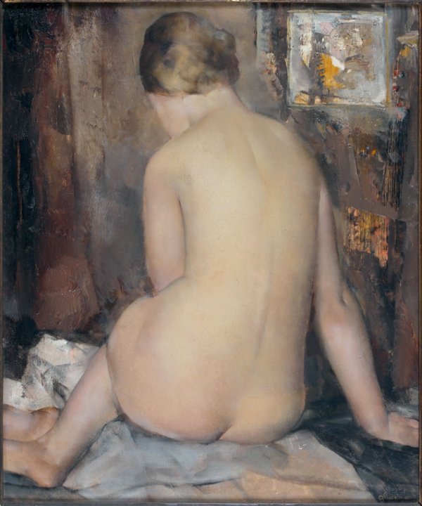 Grigory GLUCKMANN (1898-1973) Nu de dos, 1928 Hui: Grigory GLUCKMANN (1898-1973) Nu de dos, 1928 Huile sur panneau, signée, située Paris et datée en bas à droite 55.5 x 45 cm - 21 1/2 x 17 3/4 in. Oil on canvas, signed, situated Paris and dated lo