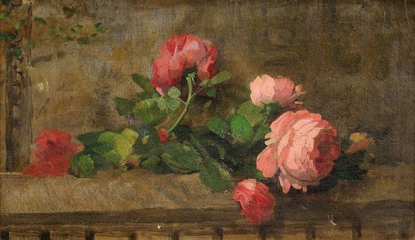 Ernest QUOST (1844-1931) Jeté de roses Huile sur t: Ernest QUOST (1844-1931) Jeté de roses Huile sur toile, signée du cachet d'atelier en bas à gauche 23.5 x 39.5 cm - 9 1/4 x 15 1/2 in. Oil on canvas, signed with the artist's stamp lower left