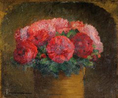 Ernest QUOST (1844-1931) Bouquet de pivoines Huile: Ernest QUOST (1844-1931) Bouquet de pivoines Huile sur panneau, signée du cachet d'atelier en bas à gauche 27 x 31 cm - 10 6/8 x 12 1/8 in. Oil on panel, signed by the artist's stamp lower left