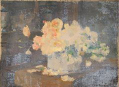 Ernest QUOST (1844-1931) Bouquet de roses Huile su: Ernest QUOST (1844-1931) Bouquet de roses Huile sur toile, signée du cachet d'atelier en bas à gauche 46 x 61 cm - 18 x 24 in. Oil on canvas, signed with the artist's stamp lower left