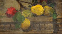 Ernest QUOST (1844-1931) Fruits sur un entablement: Ernest QUOST (1844-1931) Fruits sur un entablement Huile sur toile, signée du cachet d'atelier en bas à gauche 25.5 x 44 cm - 10 x 17 1/2 in. Oil on canvas, signed with the artist's stamp lower left