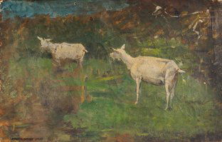 Ernest QUOST (1844-1931) Les chèvres Huile sur to: Ernest QUOST (1844-1931) Les chèvres Huile sur toile, signée du cachet d'atelier en bas à gauche 30 x 45 cm - 11 7/8 x 17 5/8 in. Oil on canvas, signed with the artist's stamp lower left