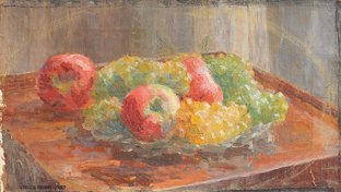 Ernest QUOST (1844-1931) Nature morte aux raisins: Ernest QUOST (1844-1931) Nature morte aux raisins Huile sur toile, signée du cachet d'atelieren bas à gauche 27 x 46 cm - 10 5/8 x 18 1/8 in. Oil on canvas, signed with the artit's stamp lower left