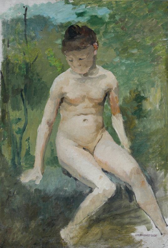 Ernest QUOST (1844-1931) Le nu Huile sur toile, s: Ernest QUOST (1844-1931) Le nu Huile sur toile, signée du cachet dl'atelier en bas à droite 57 x 39 cm - 22 1/2 x 15 1/4 in. Oil on canvas, signed with the artist's stamp lower right