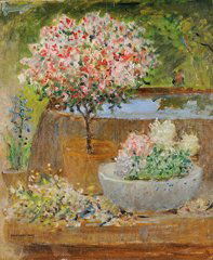 Ernest QUOST (1844-1931) La fontaine du jardin Hu: Ernest QUOST (1844-1931) La fontaine du jardin Huile sur toile, signée du cachet d'atelier en bas à gauche 55 x 46 cm - 21 6/8 x 18 1/8 in. Oil on panel, signed with the artist's stamp lower left