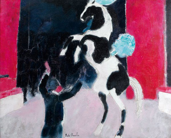 André BRASILIER (né en 1929) Le dompteur, 1963 Hui: André BRASILIER (né en 1929) Le dompteur, 1963 Huile sur toile, signée en bas au milieu, titrée, datée et contresignée au dos 81 x 100 cm - 32 x 39 1/3 in.Oil on canvas, signed lower middle, dat