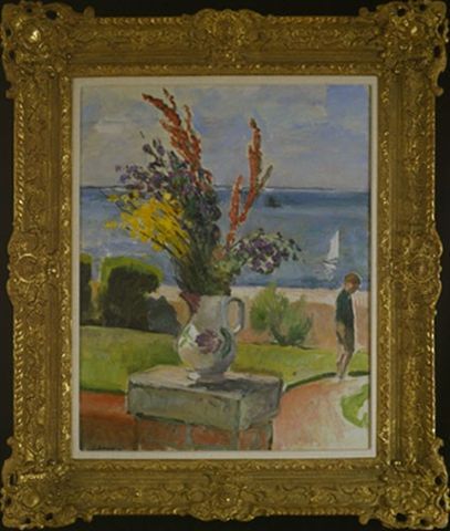 Henri LEBASQUE Oil on canvas, La terrasse d: Henri LEBASQUE (1865-1937) La terrasse devant la mer, Préfailles, 1922. Oil on canvas, signed on bottom left. 61 x 50 cm Provenance: Private Collection, USA Lebasque found great inspiration during th